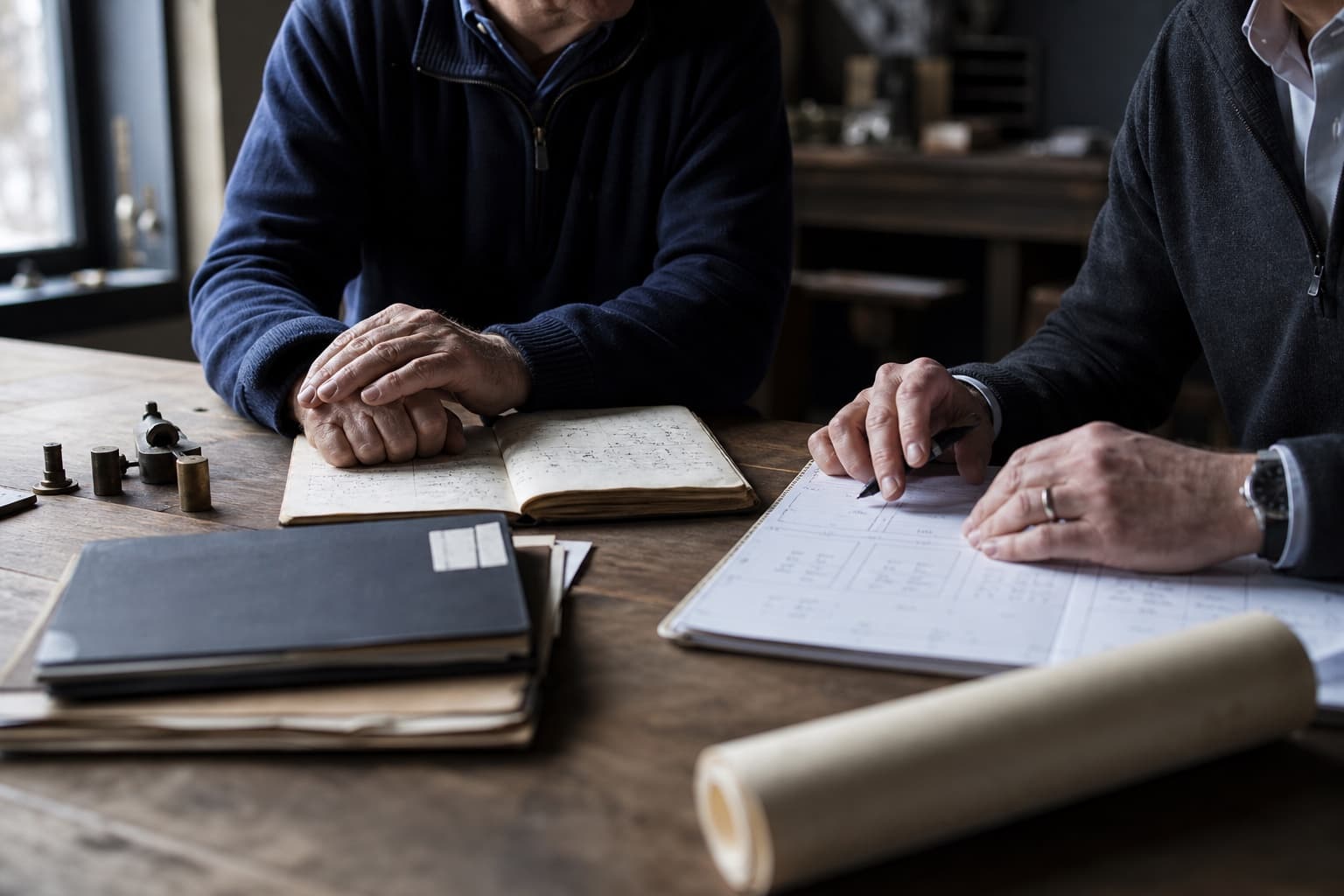 Two people reviewing a well-used operating notebook and a new plan together